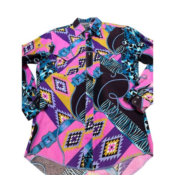 Vintage 80s Wrangler Cowboy Cut RARE COLOR PATTERN Western Shirt - 15 1/2 - 33 - Picture 2 of 6